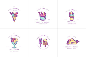 Vector set design colorful templates logo and emblems - ice cream and gelato. Difference ice cream icons. Logos in trendy linear style isolated on white background.