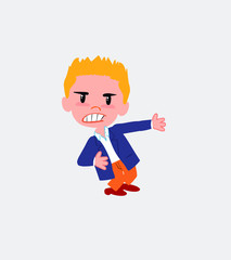 Businessman in casual style shows very angry something to his left.
