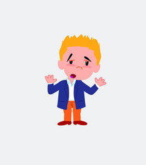 Businessman in casual style makes a gesture of tired resignation.