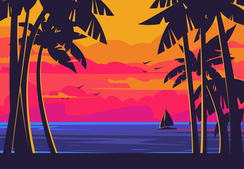 Vector illustration of the landscape of the coast by the sea with silhouettes of palm trees against the sunset, with a yacht floating on the water