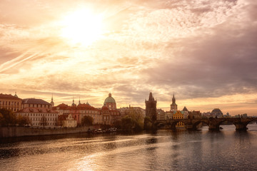 Prague Olt Town and Charles bridge, view from the Manes bridge in the morning, historic cityscape, Czech Republic, travel background