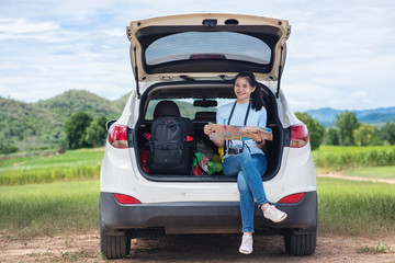 asia young girls going on vacation holiday with car