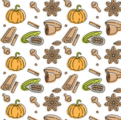 Vector linear icon of pumpkin spice. Pattern vector set. Pumpkin icon. nutmeg and ginger, cloves, cinnamon. For food design, template.