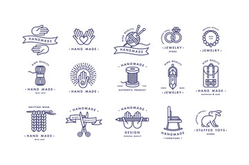 Handmade colorful line logos set. Handmade linear badges or handmade outline labels. Knitwear and sewing symbols. Vector illustration.