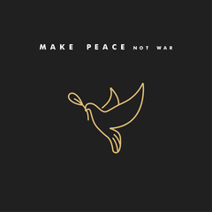 Vector linear illustration dove holding olive branch. Symbol of peace on earth. Golden color. Typography quote.