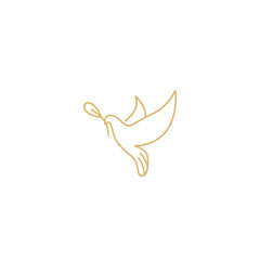 Vector linear illustration dove holding olive branch. Symbol of peace on earth. Golden color.