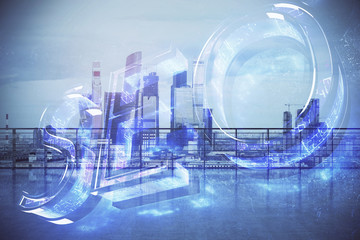 SEO hologram with city view from roof top background. Double exposure.