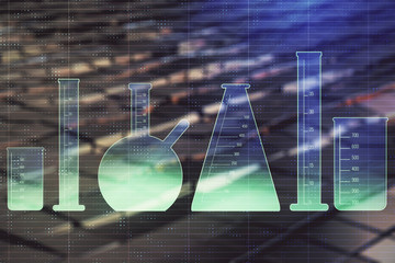 Flasks hologram with abstract background. Multi exposure. Concept of study