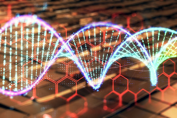 DNA hologram with abstract background. Multi exposure. Concept of science