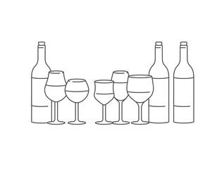 Vector concept of wine tasting for bar or restaurant. Different types of glasses and bottles of wine.
