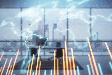 Forex chart hologram with map and minimalistic cabinet interior background. Double exposure. International business concept.
