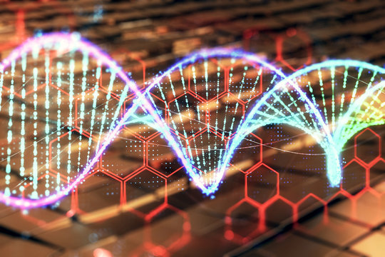 DNA hologram with abstract background. Multi exposure. Concept of science