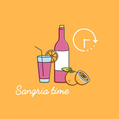 Vector linear illustration of sangria wine with glass and ingredients. Orange fruit with citrus slice. Isolated on white background. Traditional spanish drink.