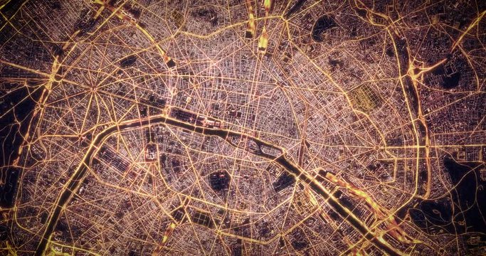 Aerial night view of city of Paris. Traffic and street light glowing. Camera flying high above, moving higher away and rotating from space filming cinematic straight down. 3d animation rendering.