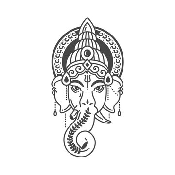 Vector linear illustration of indian god religion symbol elephant Ganesh on white background.