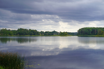 Lake in the forest. Colorful summer landscape with lake and forest view.