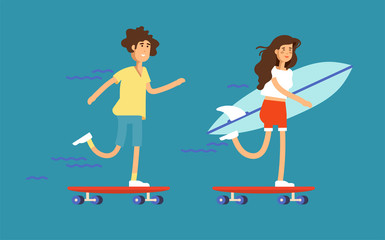 Vector illustration of a couple boy and girl skateboarders riding a skateboards and holding surfboard.