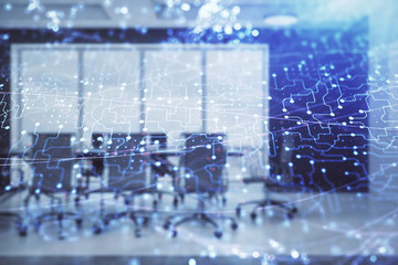 Double exposure of technlogy theme abstract hologram on conference room background. Concept of hightech