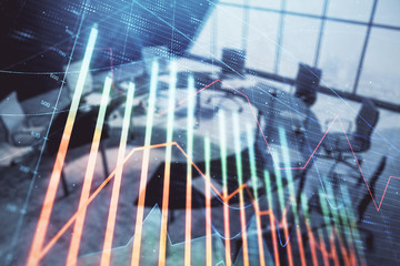 Double exposure of forex chart on conference room background. Concept of stock market analysis