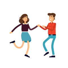 Vector illustration of young female and male characters are dancing in white background.