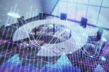Double exposure of forex chart on conference room background. Concept of stock market analysis