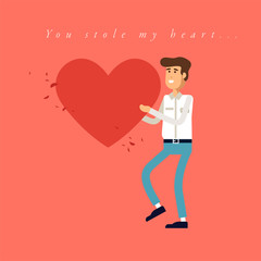 Vector illustration of love. Young man holds halves of the heart. Concept illustration. Happy Valentines card.