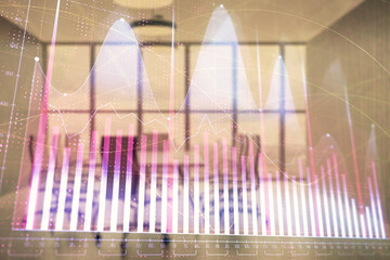 Multi exposure of stock market graph on conference room background. Concept of financial analysis