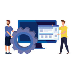 young men with web page and icons vector illustration design