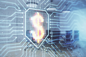 Business theme hologram on conference room interior background. Double exposure. Concept of brainstorming in business.