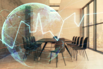 Double exposure of stock market graph with globe hologram on conference room background. Concept of international finance