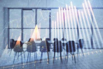 Multi exposure of stock market graph on conference room background. Concept of financial analysis