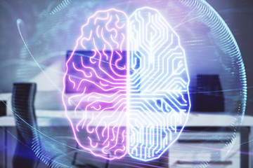 Brain sketch hologram with desktop office background. Double exposure. Brainstorm concept.