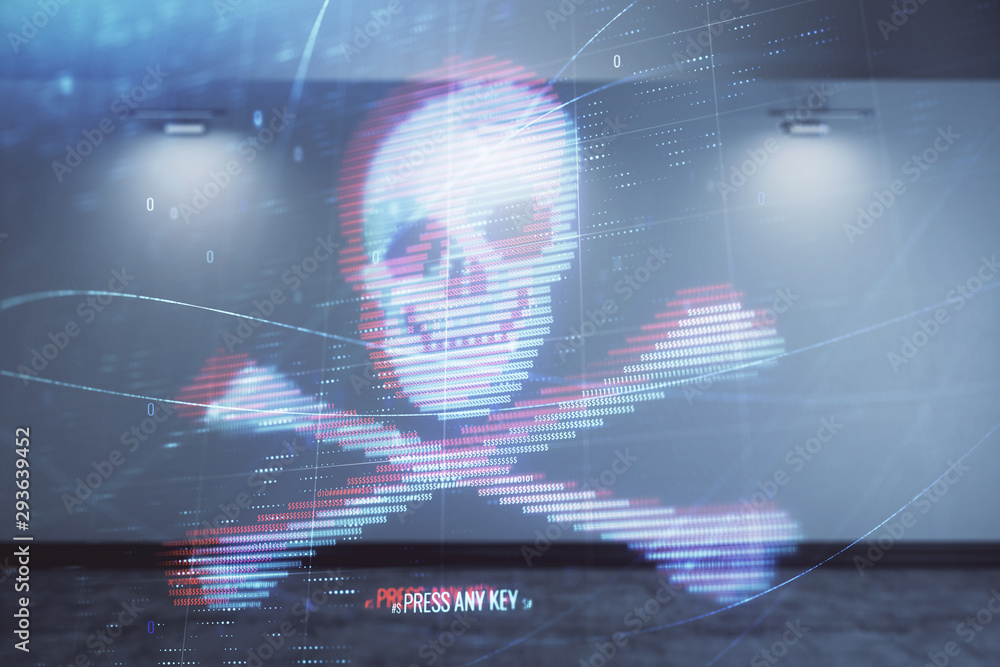Poster double exposure of hacking theme drawings hologram on empty room interior background. data security 