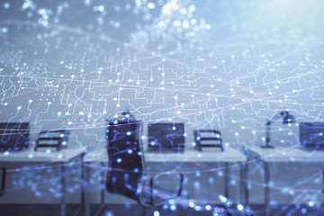 Technology theme drawing with office interior on background. Multi exposure. Concept of innovation
