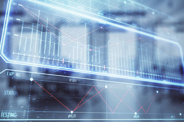 Business theme drawing with office interior background. Double exposure. Concept of success.