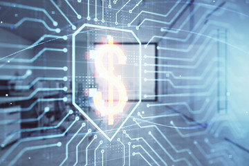 Business theme drawing with office interior background. Double exposure. Concept of success.