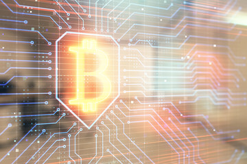 Cryptocurrency theme drawing with office interior background. Double exposure. Concept of blockchain.