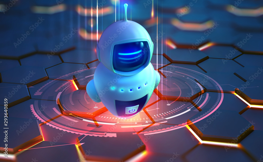 Poster Internet bot in AI cyberspace. Digital technology and wireless networks. Bot, robot, drone, artificial intelligence 3D illustration
