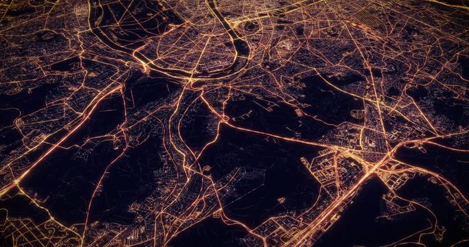 Aerial night view of city of Paris, France. Traffic and street light glowing. Camera flying above space filming cinematic straight and tilting down. 3d animation rendering.