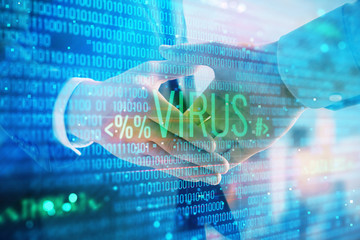 Multi exposure of digital crime theme hologram on city view background with two people handshake. Concept of securitization