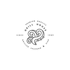 Vector linear logo design for safood grill house on white background. Grill octopus emblem or badge.