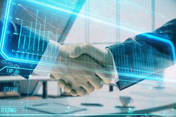 Double exposure of business theme drawing on office background with two businessmen handshake. Concept business
