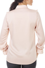 business woman in formal long sleeve pink blouse with ruches
