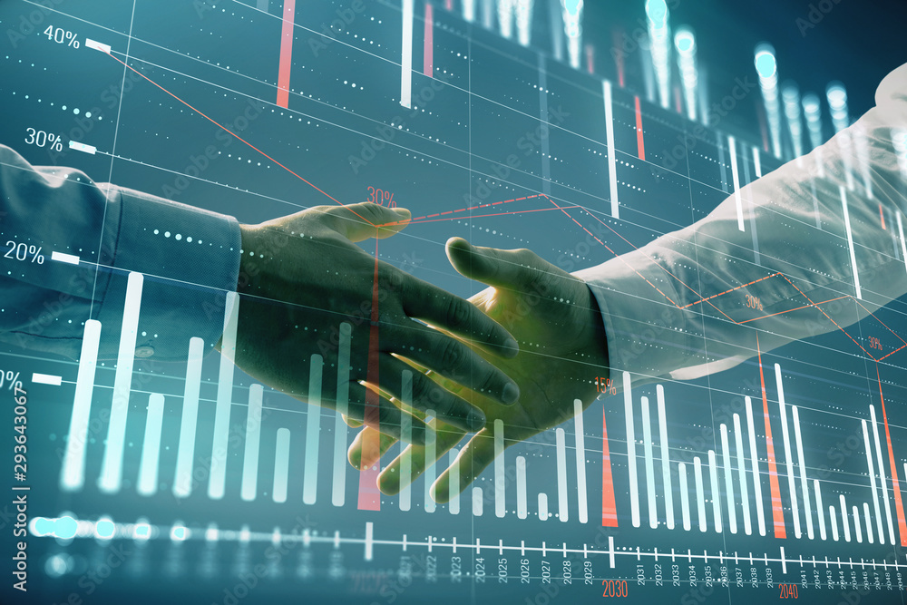 Wall mural multi exposure of forex graph on abstract background with two businessmen handshake. concept of succ