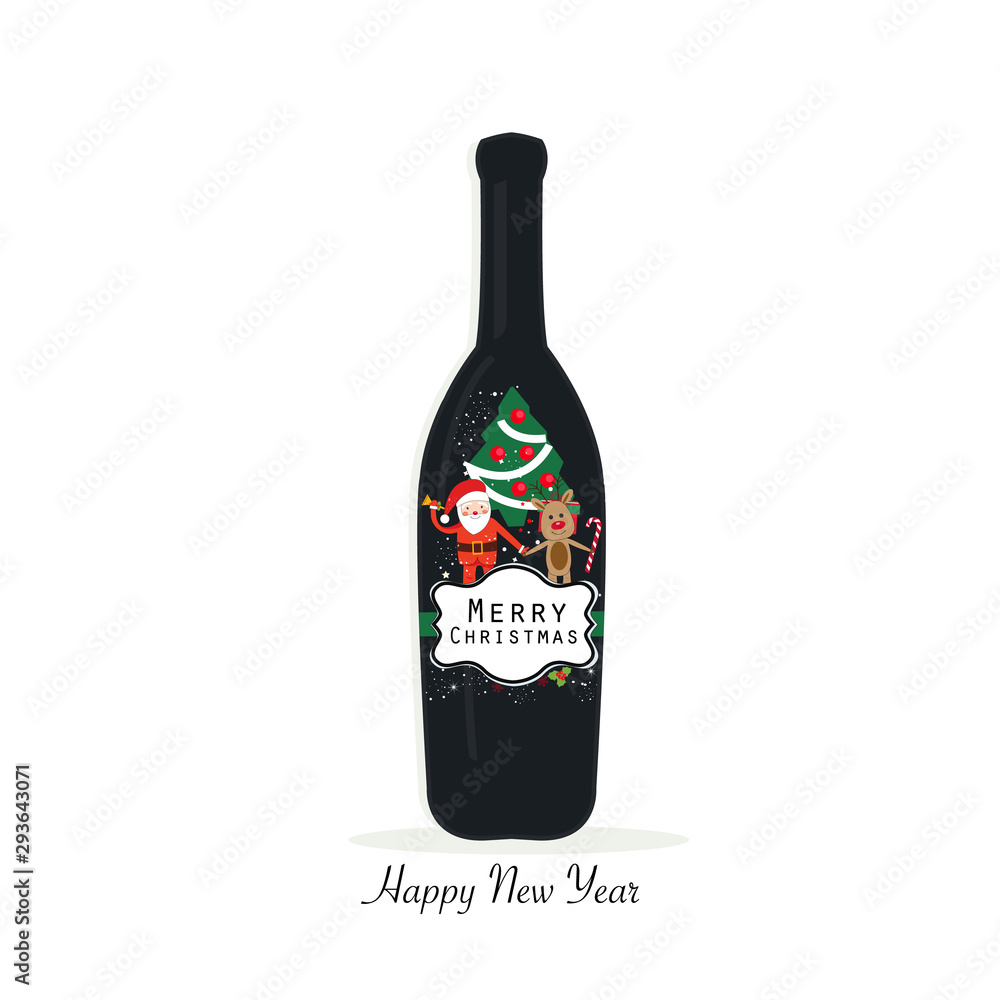 Wall mural Christmas black wine bottle with Santa Claus, deer and tree vector greeting card