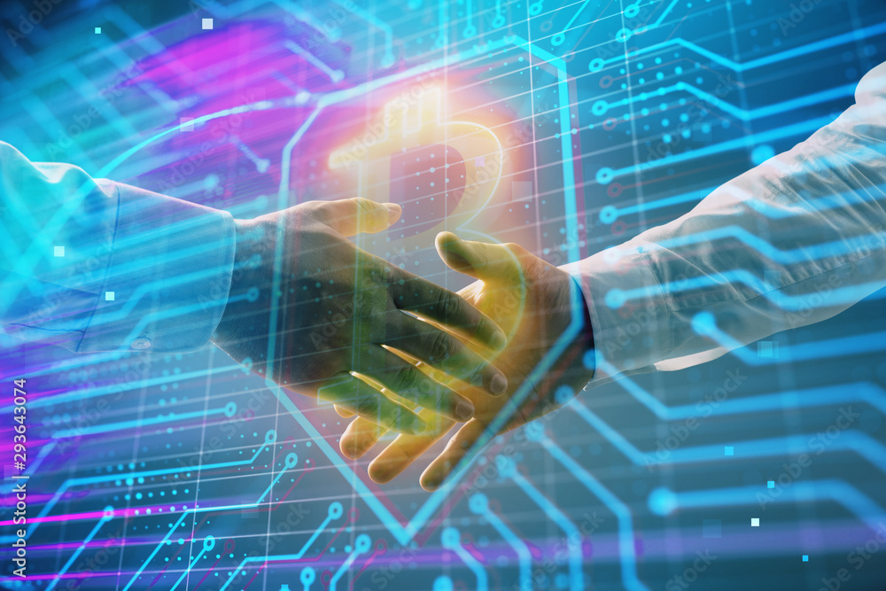 Poster multi exposure of bitcoin sign on abstract background with two men handshake. concept of cryptocurre