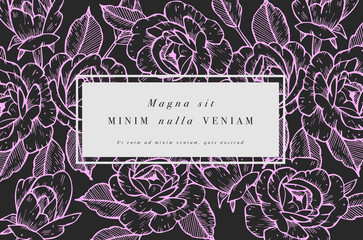 Vintage card with rose flowers. Floral wreath. Flower frame for flowershop with label designs. Summer floral rose greeting card. Flowers background for cosmetics packaging.