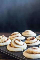 Homemade tall cinnamon roll rising in a muffin tin. Selective focus on center with blurred foreground and background.