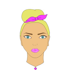 Beautiful stylish cartoon blond woman, fashion and beauty cosmetic concept. Art. Young girl face with blue eyes and pink lips with a beautiful bow in her hair.