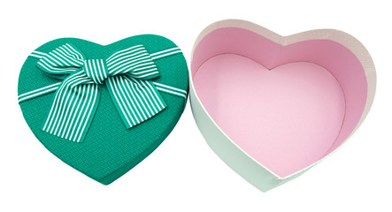 green and pink heart gift box. A present give for love isolated on whited background with clipping path